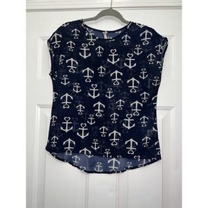 Womens Small Live 4 Truth Anchor Nautical Boat Heart Sheer Blouse Navy‎ Blue